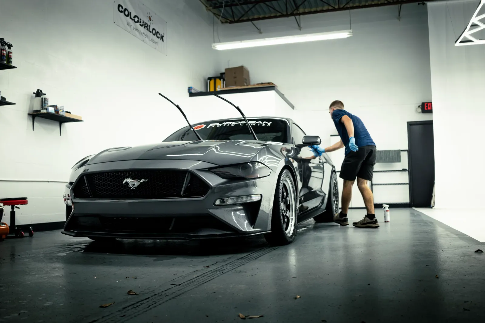 Ceramic-coated grey Mustang GT in the 355 Auto Spa bay, Largo FL