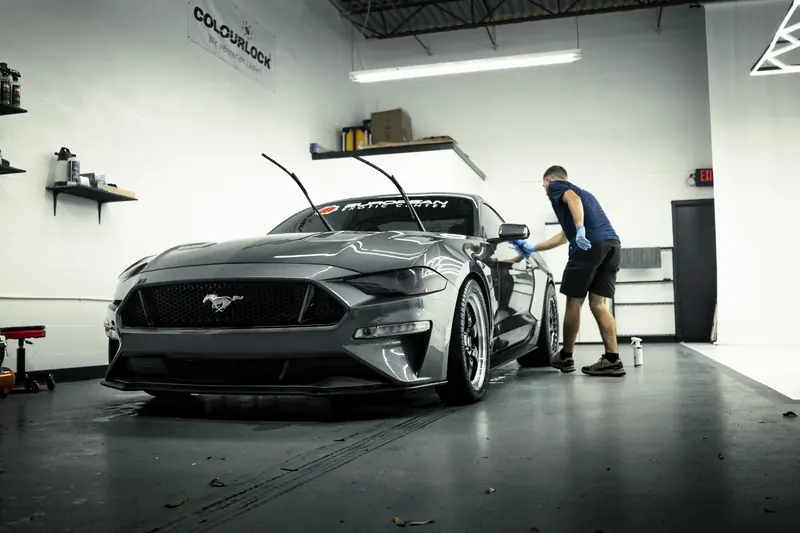 Ceramic coating being leveled on a Ford Mustang GT